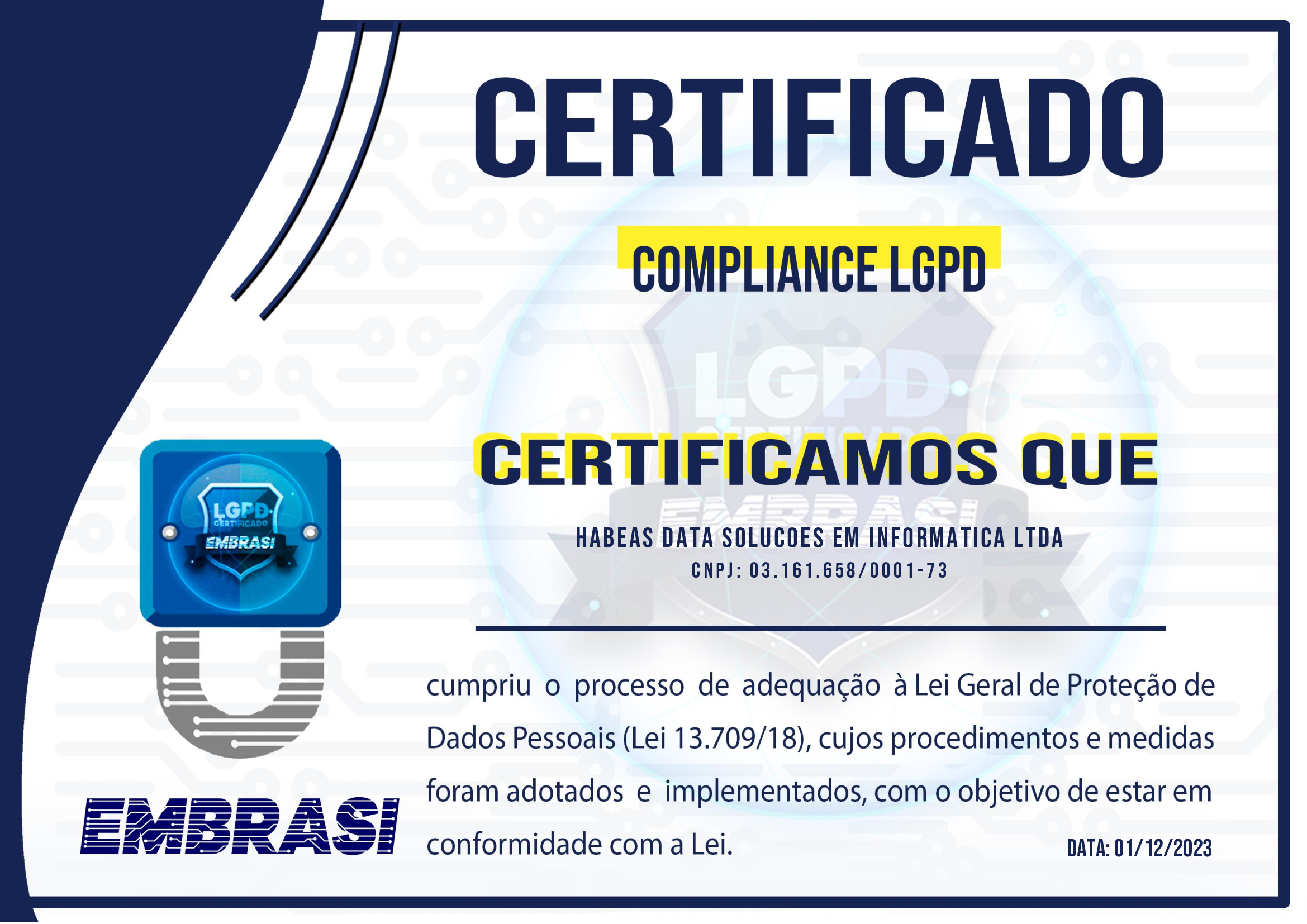 Certificado LGPD da Habeas Data Soluções em Informática Ltda